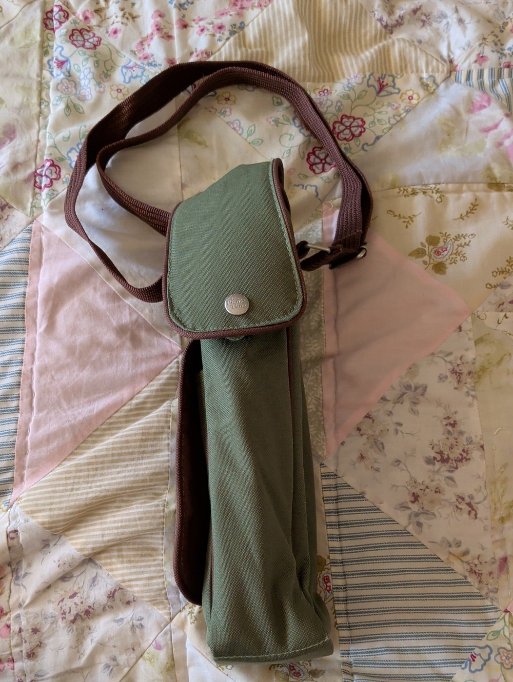Olive Green Compact Crossbody Bottle Bag with Brown Strap